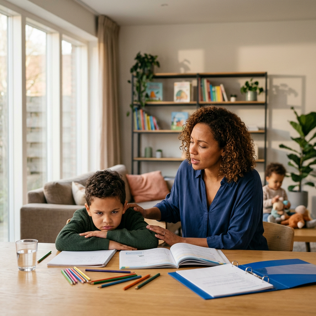 Mère accompagnant un enfant pendant ses devoirs à la maison
